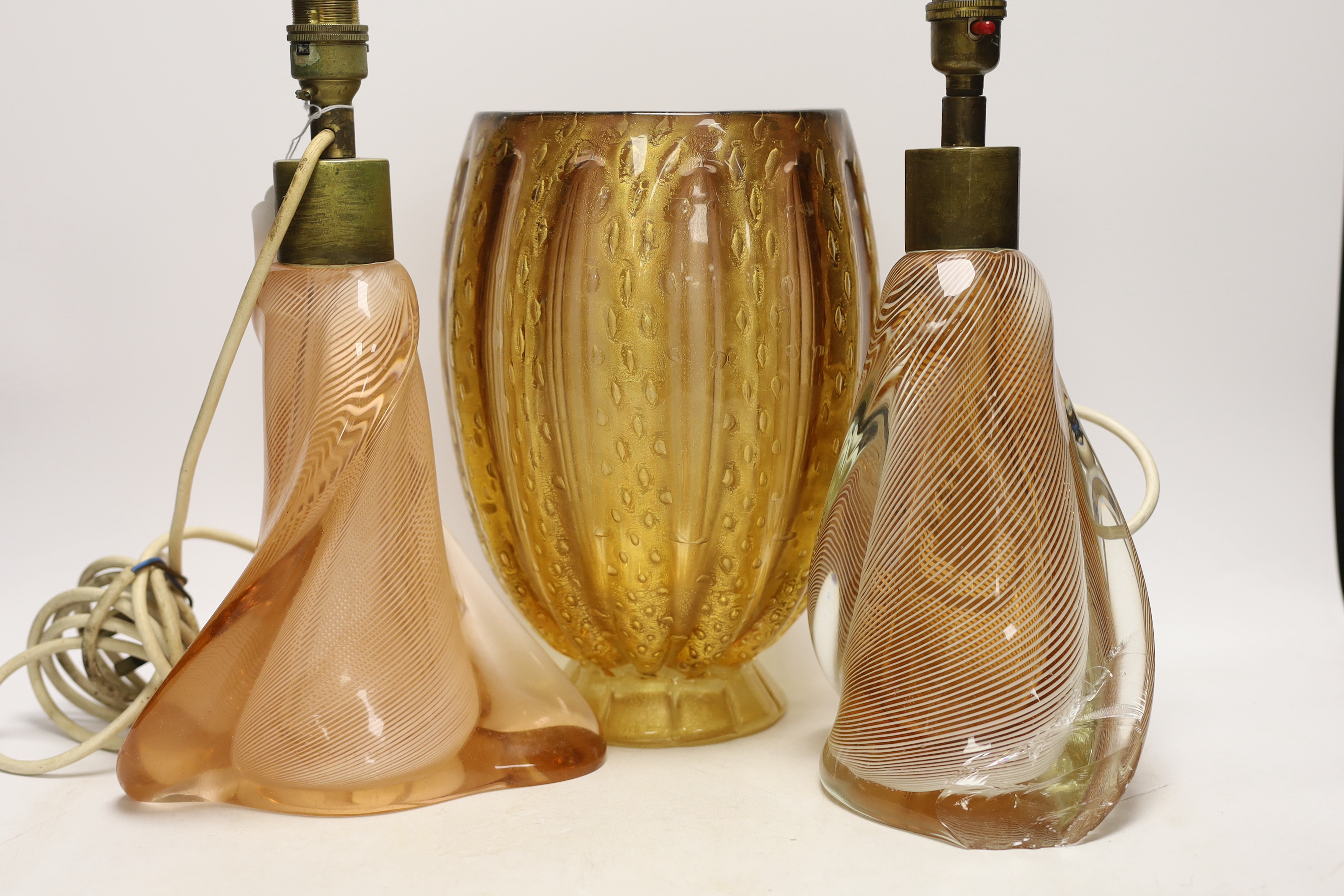 A glass gold flecked vase, a dish and a pair of lamps, largest 40cm